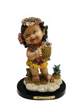 Hawaii Themed Girl Figurine with Pineapple Drink on Black Base